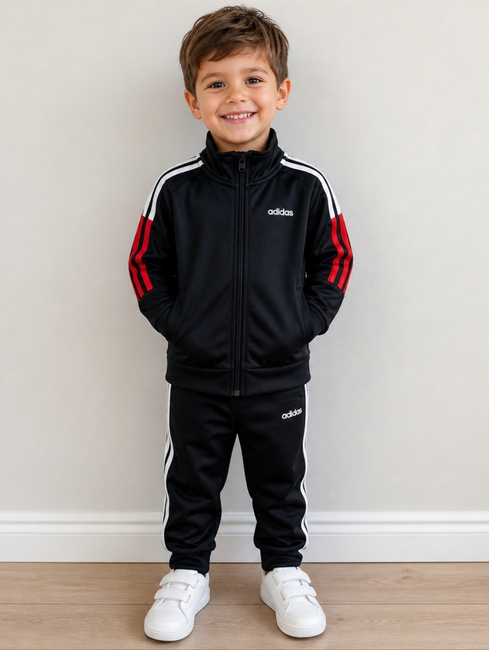 Kids Adidas Black Track Jacket with Red & White Stripe Accents 4T